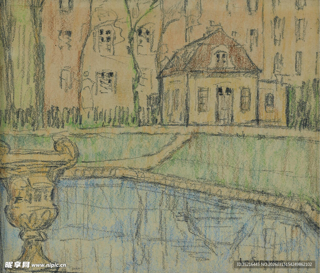 手绘庭院风景图