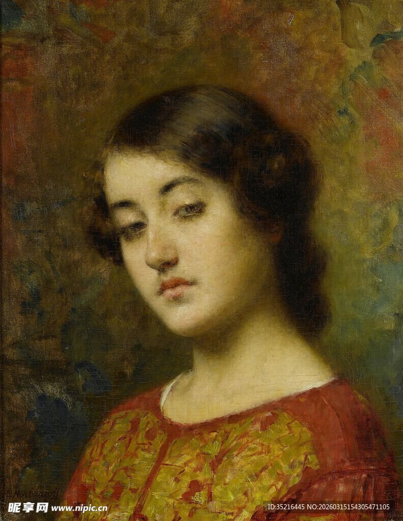 古典红衣女子肖像画