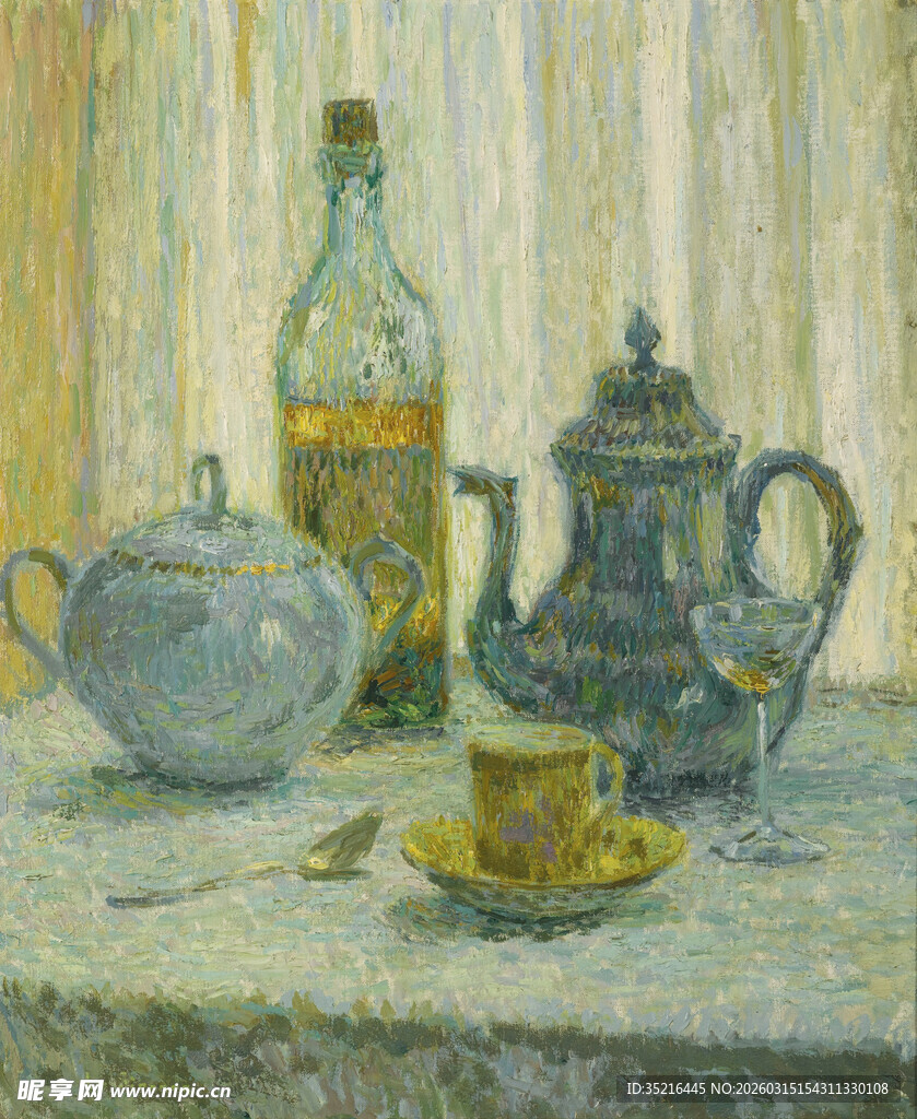 静物油画中的茶具与瓶子
