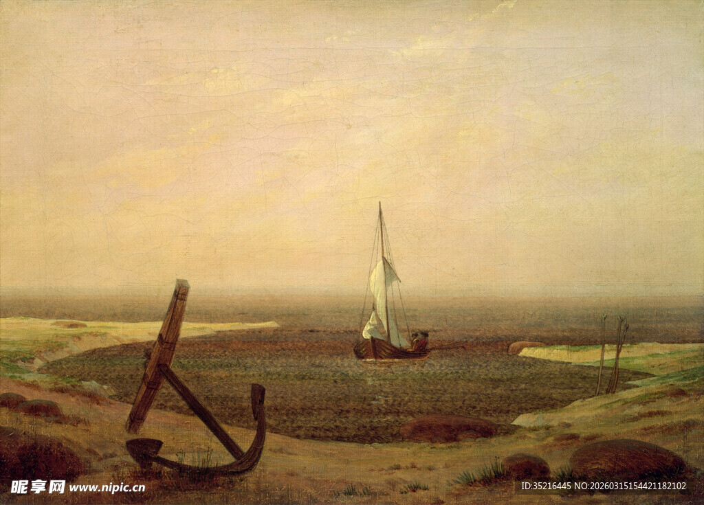 海岸边的帆船与古老船锚