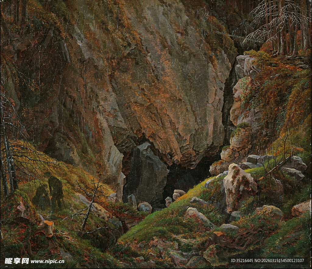 山间洞穴旁的羊群景象