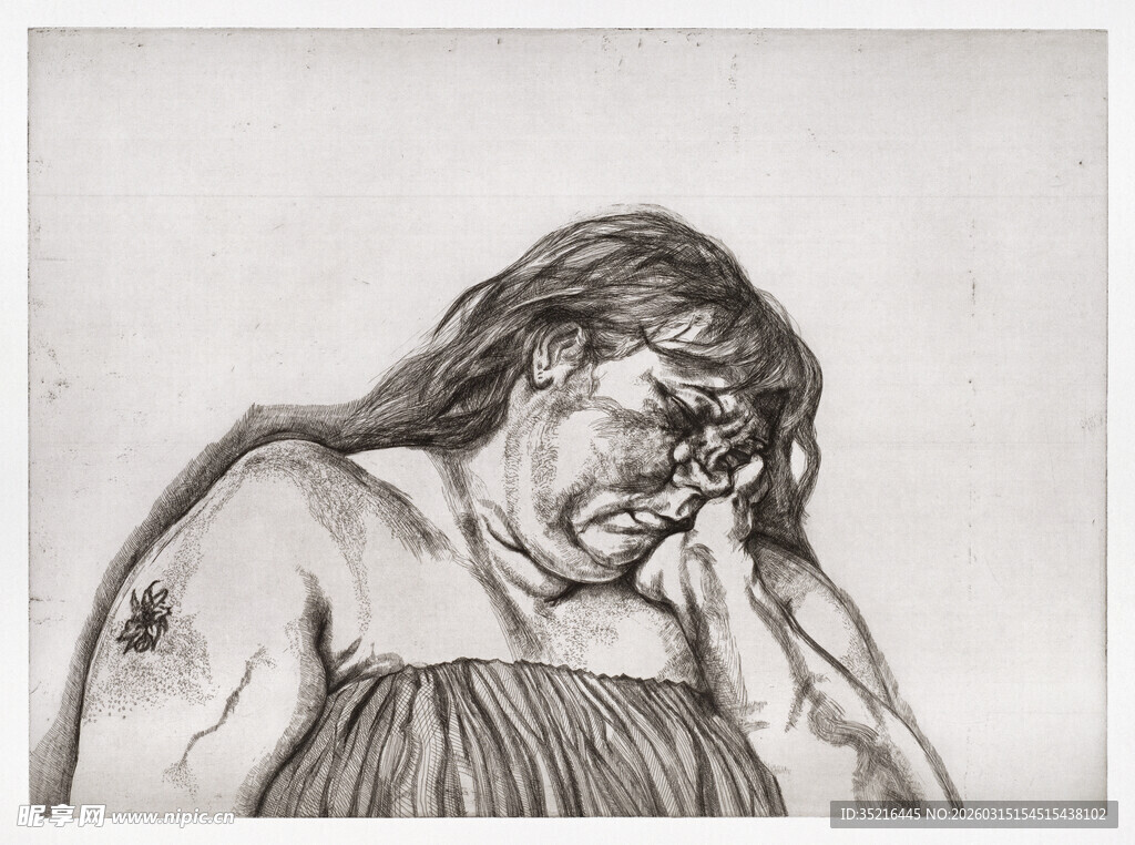 悲伤的赤裸上身人物素描