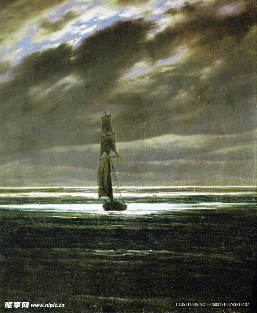 海上孤帆与阴沉天空