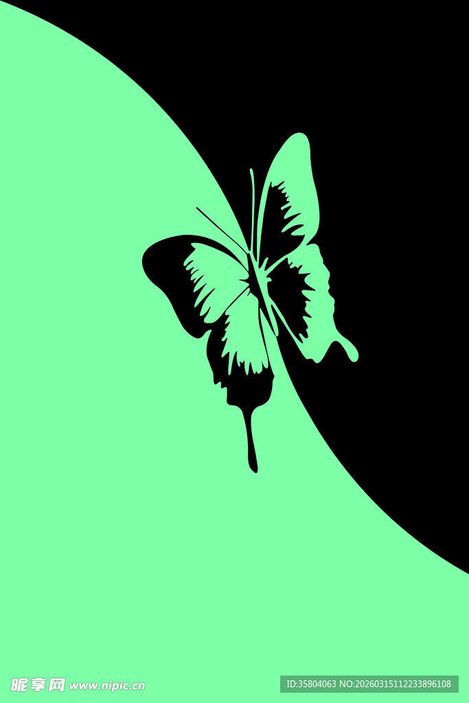 绿背景上的黑色蝴蝶剪影