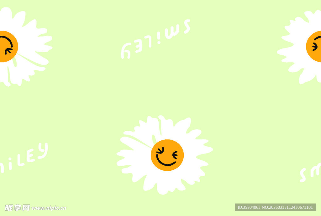 绿色背景上的笑脸雏菊花纹