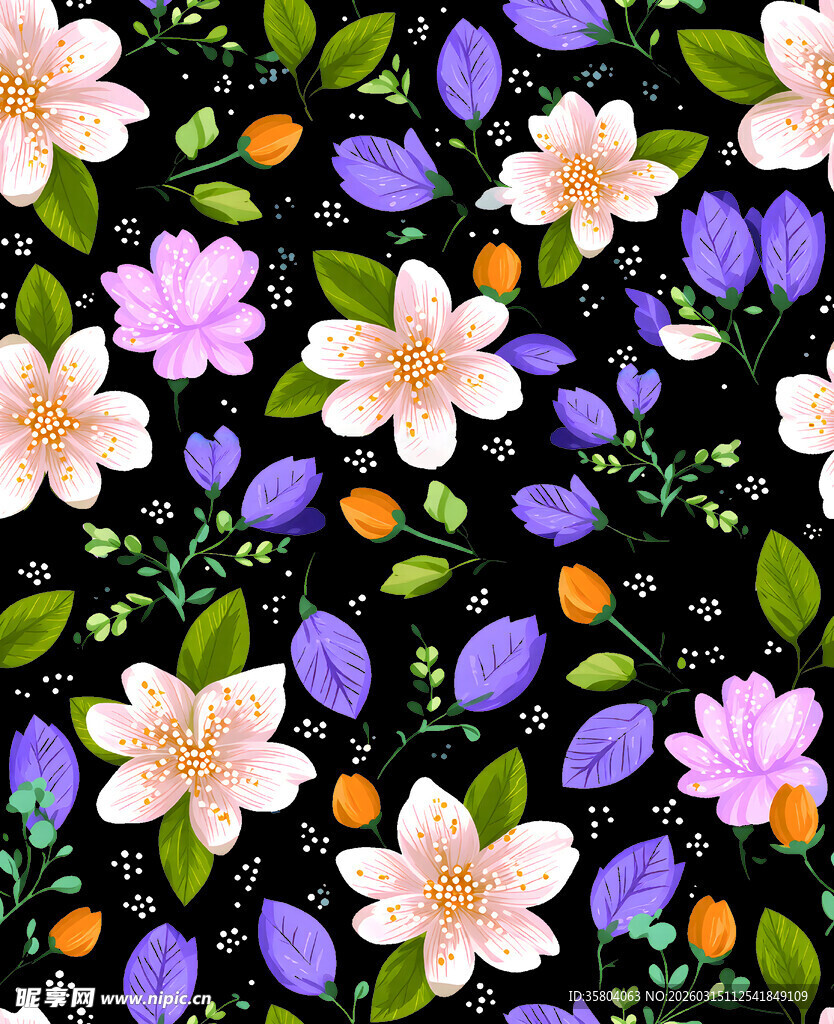 黑色背景上的多彩花卉图案