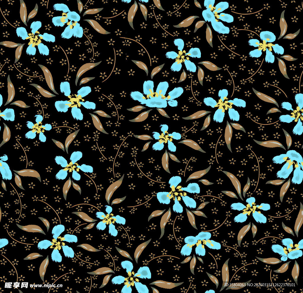 黑色底蓝色小花图案