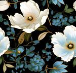 白色花卉与蓝色枝叶图案