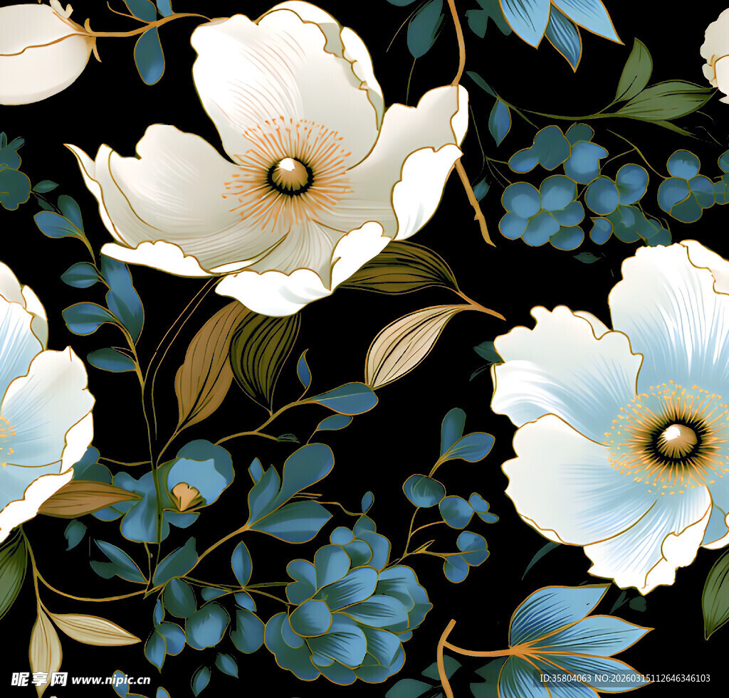 白色花卉与蓝色枝叶图案