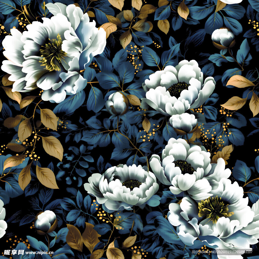 蓝底白花花卉图案设计