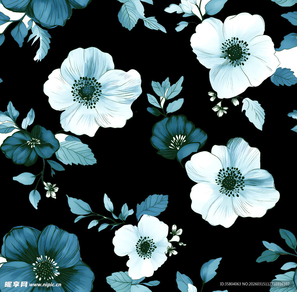 蓝白花卉无缝图案背景