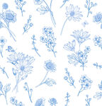 蓝色花卉手绘无缝图案