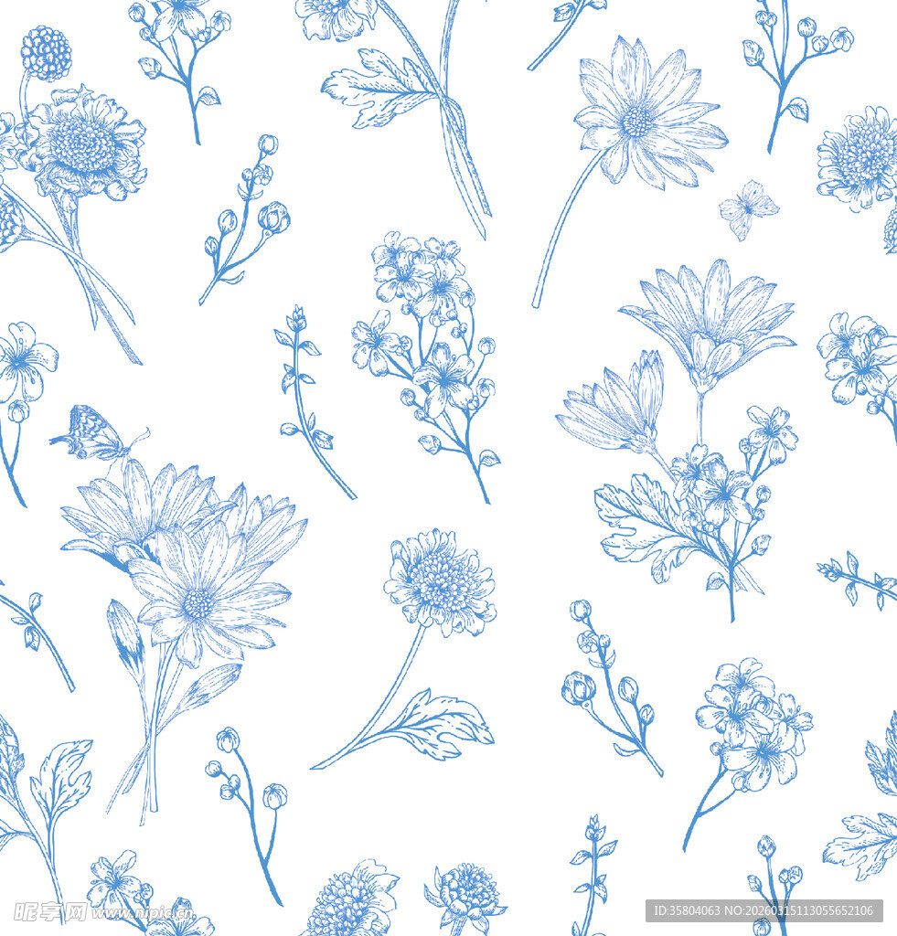 蓝色花卉手绘无缝图案