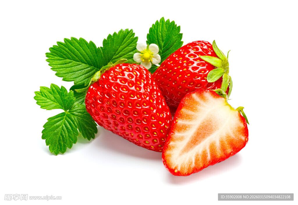 新鲜草莓绿叶相伴