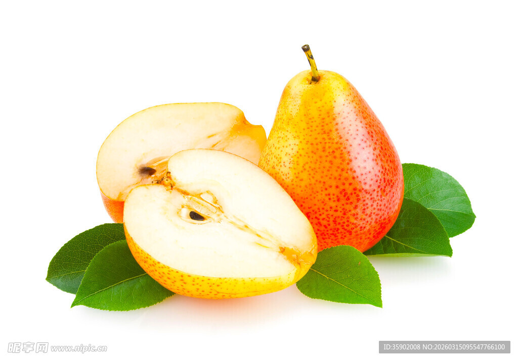 新鲜彩梨带叶切片展示