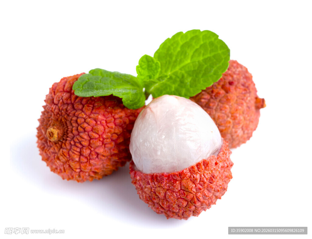 新鲜荔枝果肉白嫩带绿叶