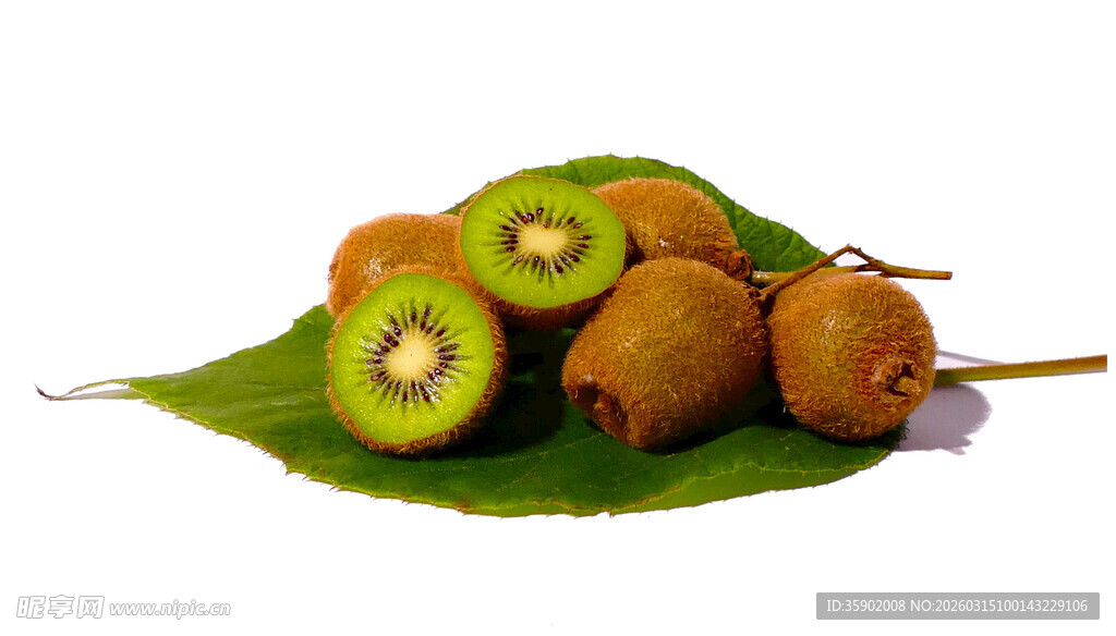 新鲜猕猴桃摆放在绿叶上