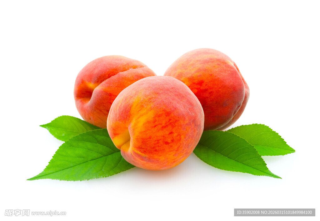 新鲜水蜜桃配翠绿叶片