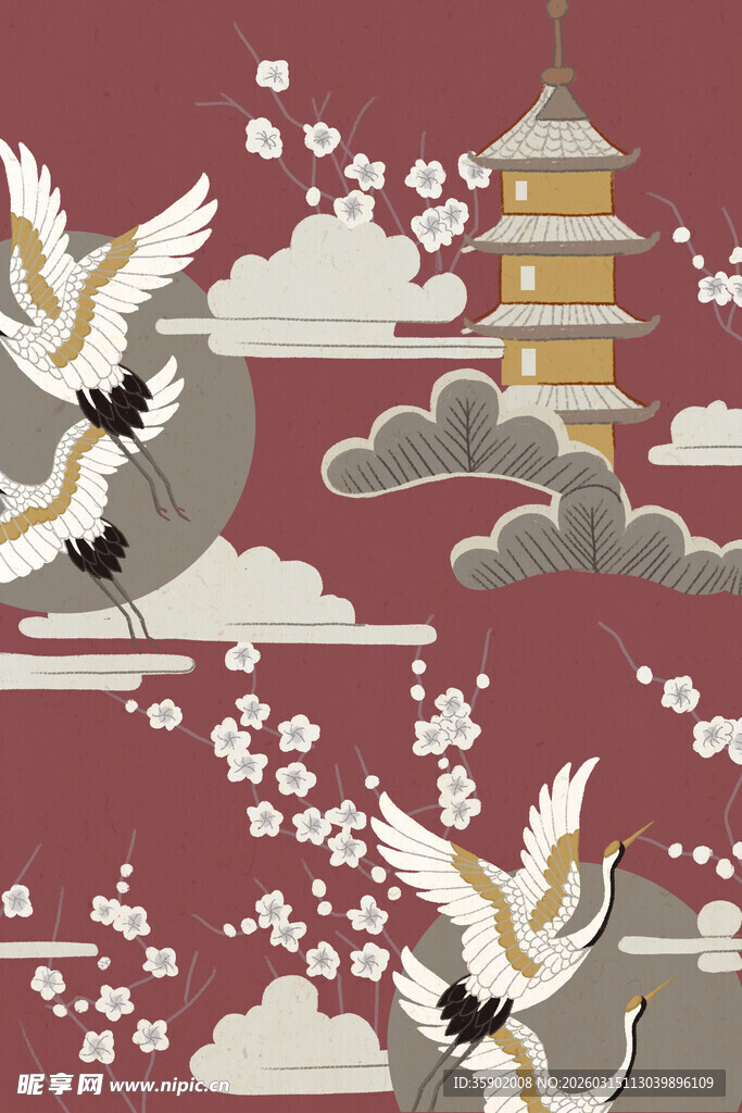 中式古风仙鹤古塔祥云图