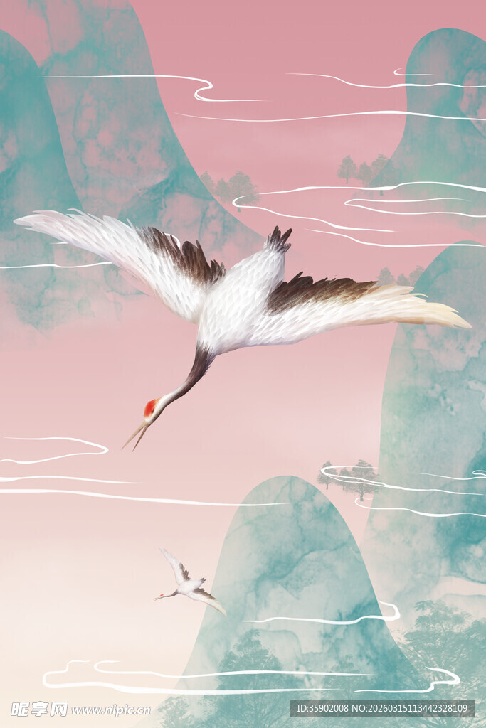 仙鹤翔于山水间