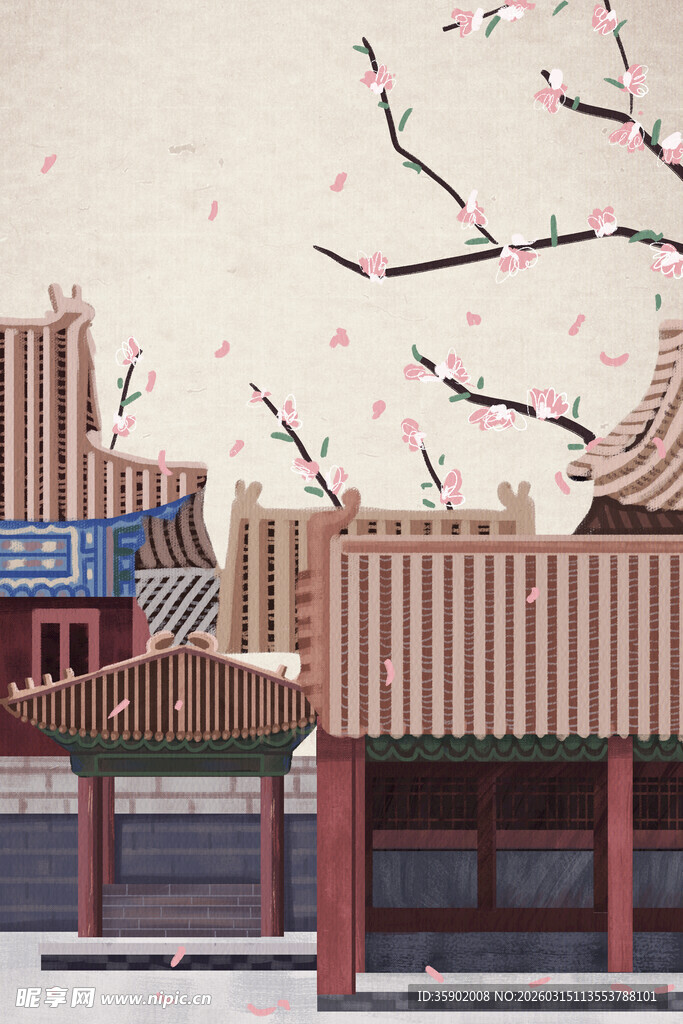 中式古建筑旁绽放的桃花