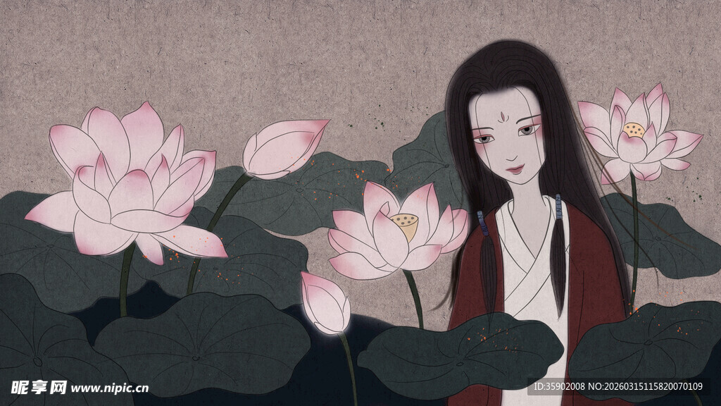 古风女子置身荷花丛中