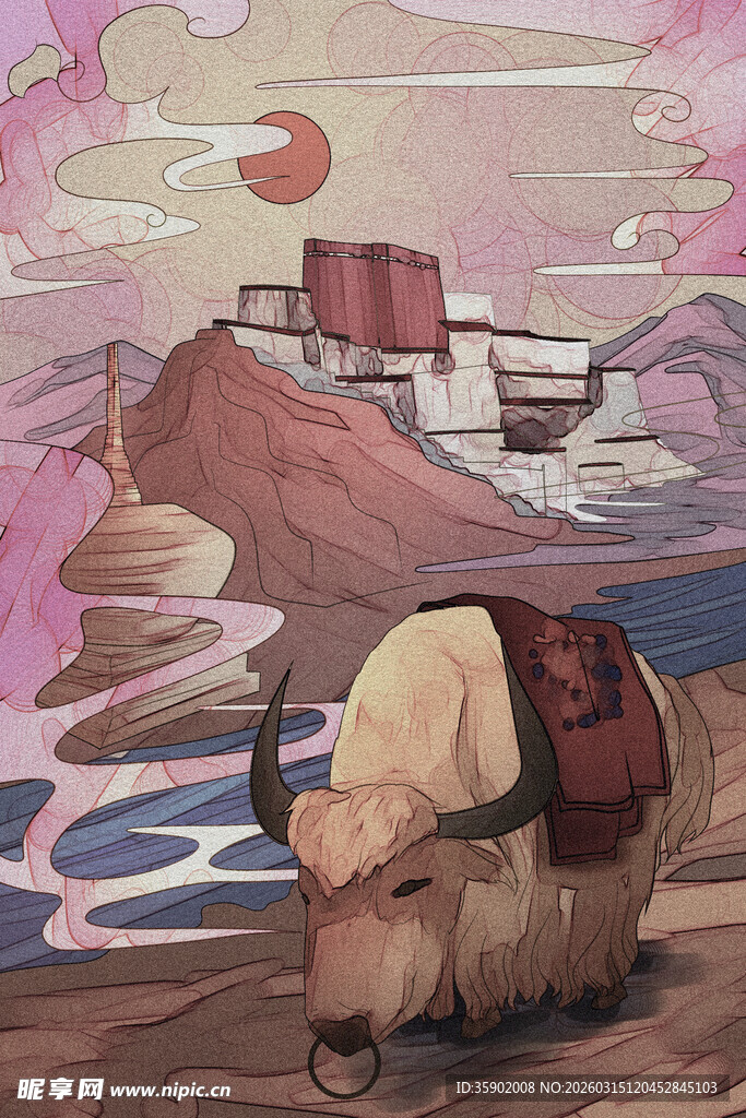 草原牦牛与远方建筑风景