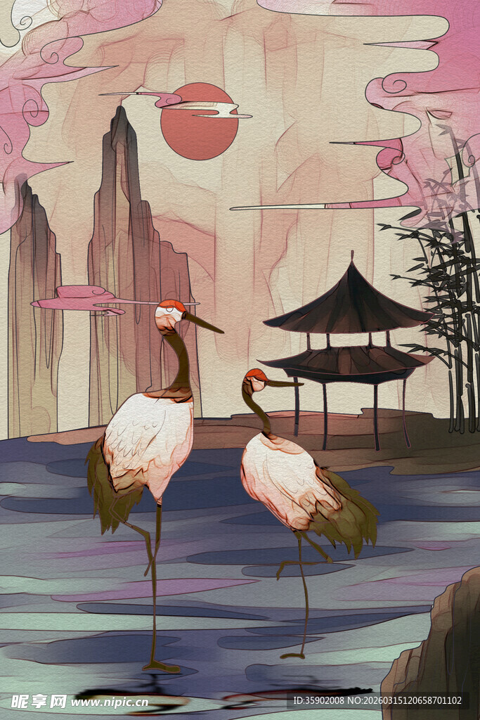 水墨仙鹤图古韵山水景