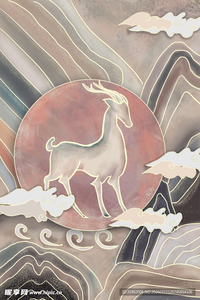 中式祥瑞白鹿山水图案