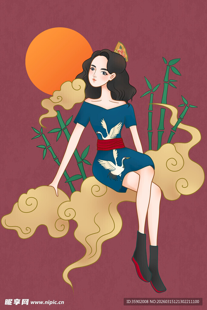 古风女子坐于祥云赏落日