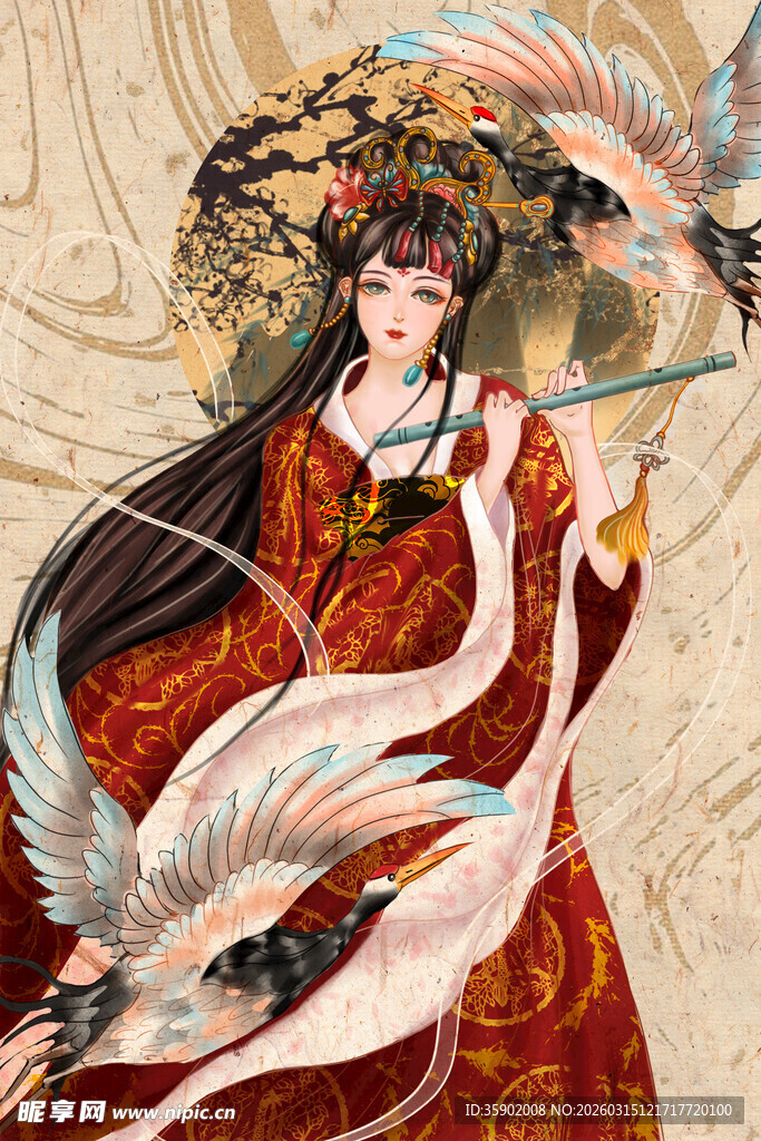 古风红衣持笛女子与飞鸟