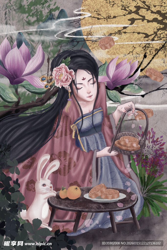 古风女子与白兔的温馨画面