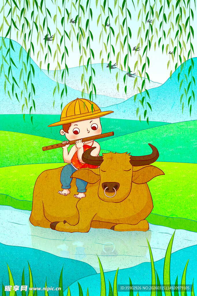 牧童骑牛吹笛田园图景