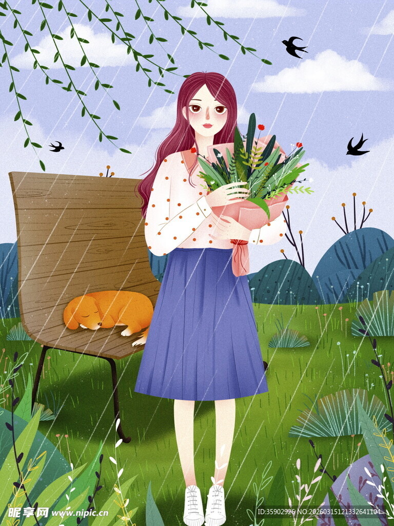 女孩花园捧花与橘猫相伴