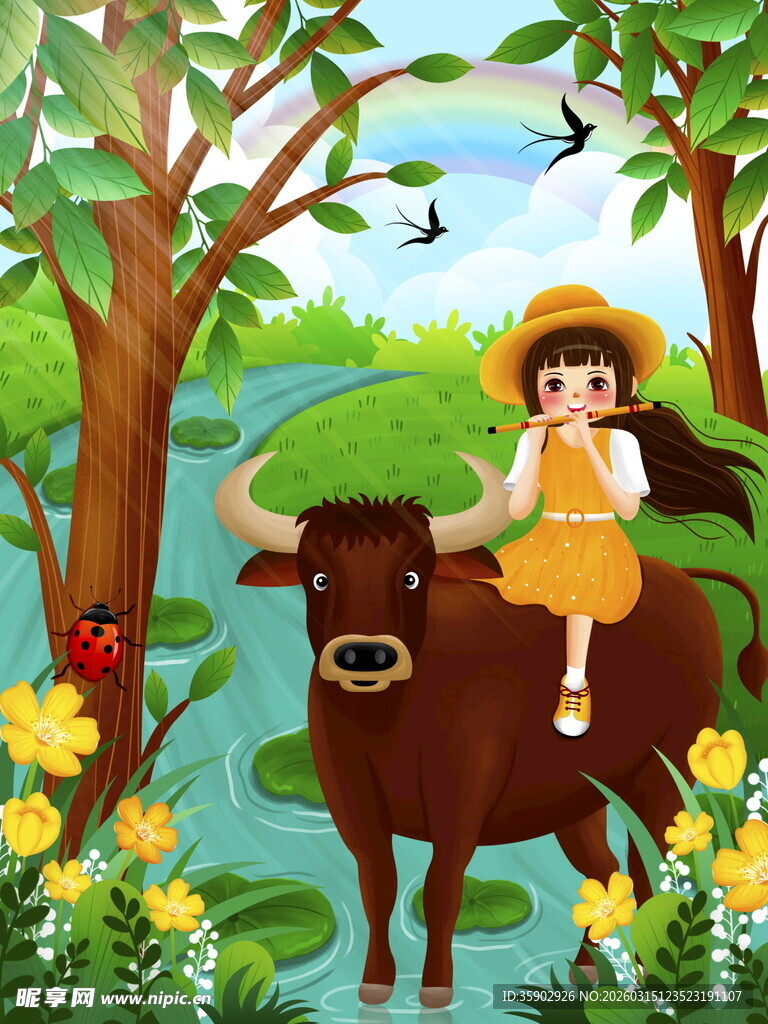 牧童骑牛于林间溪边