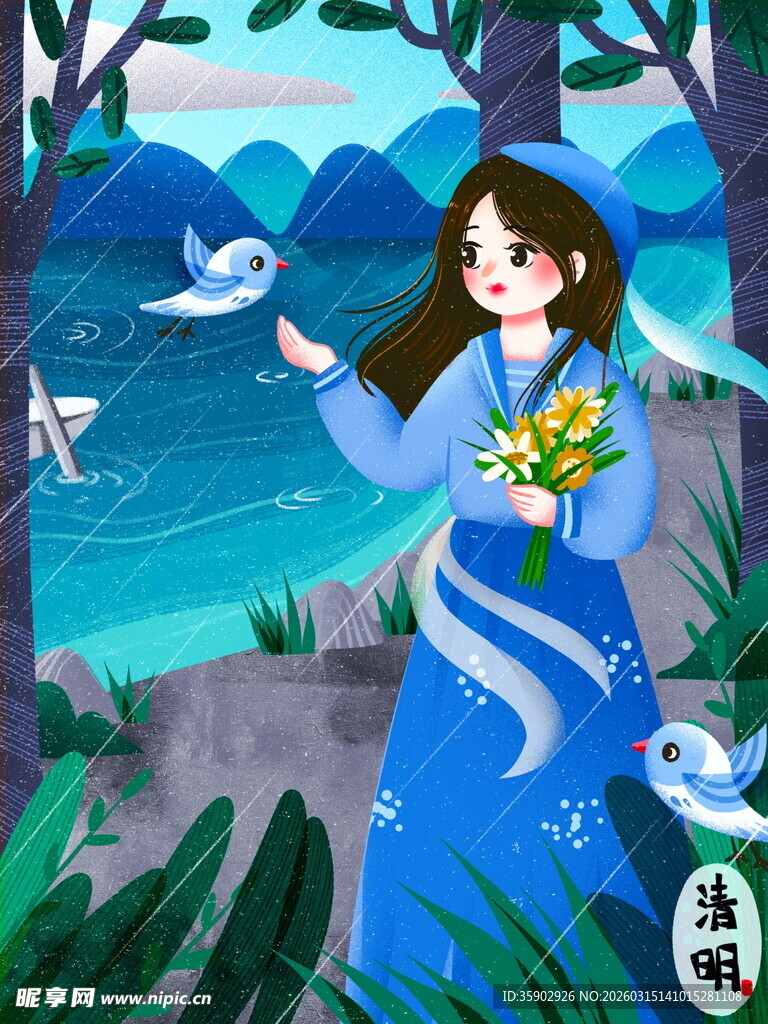 海边少女手持花眺望飞鸟