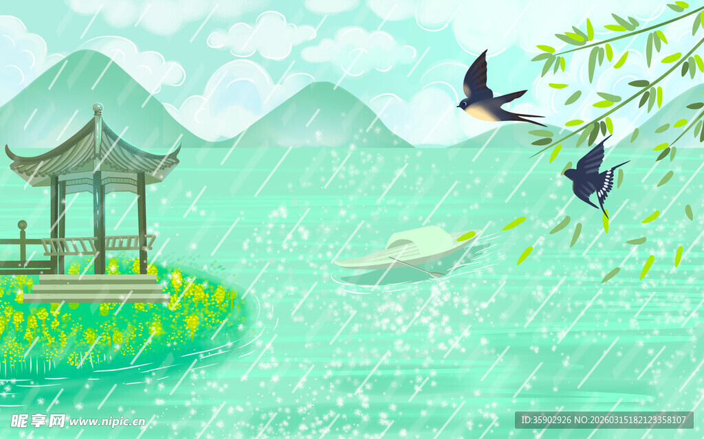 湖畔亭景伴飞鸟