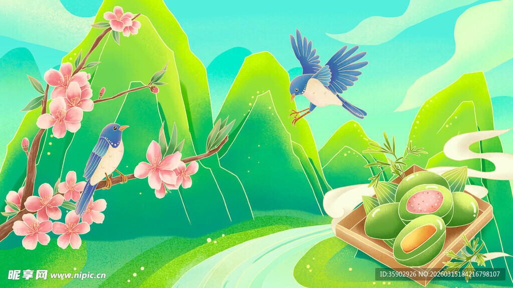 春日田园美景飞鸟与果篮