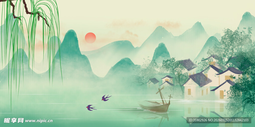 水墨江南山水人家美景