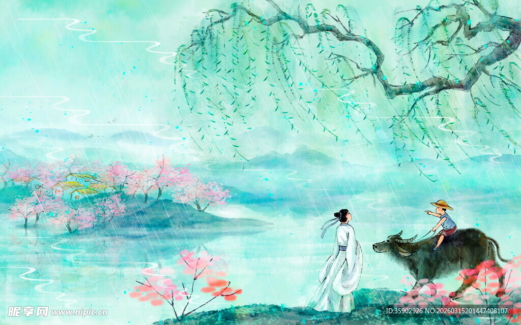 古风湖畔人与牛的诗意画面