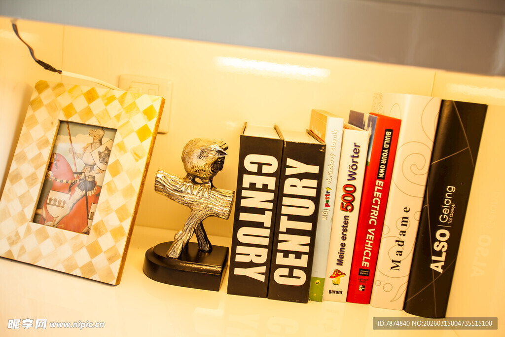 书架上的奖杯与书籍