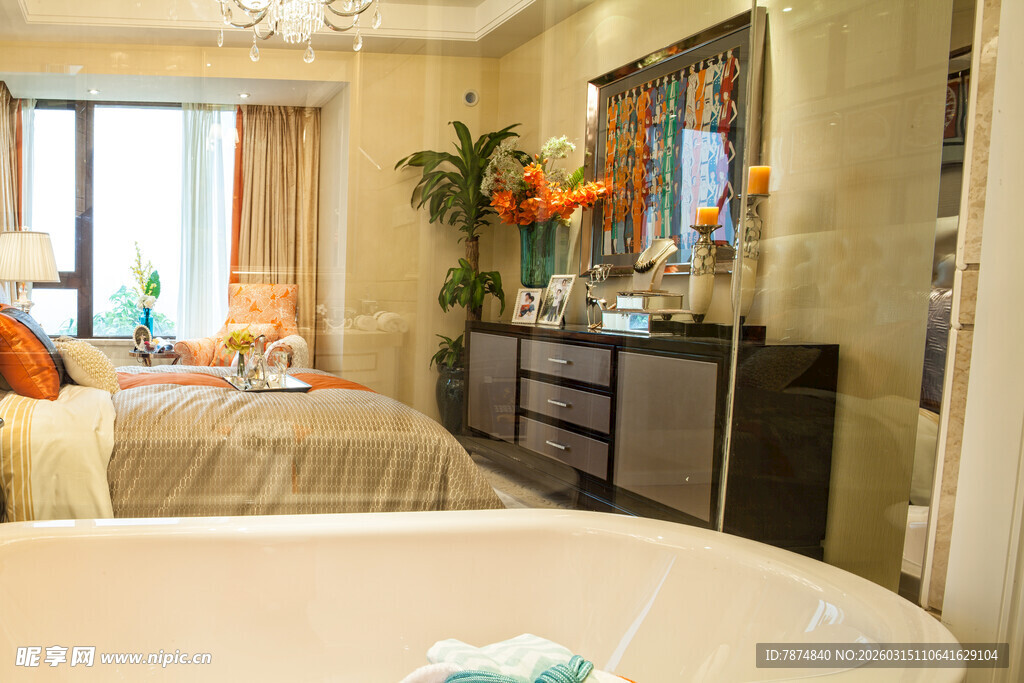 豪华卧室与浴缸的优雅空间