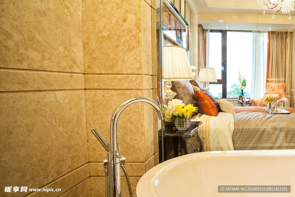 豪华浴室与卧室相连景致