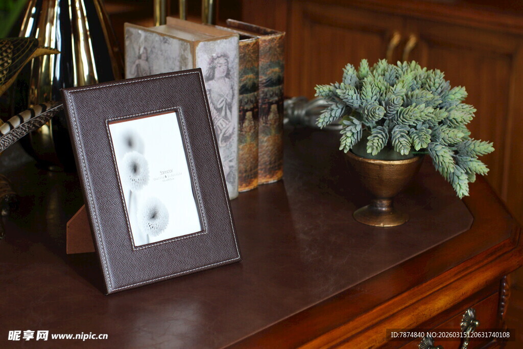 桌上相框绿植与书籍