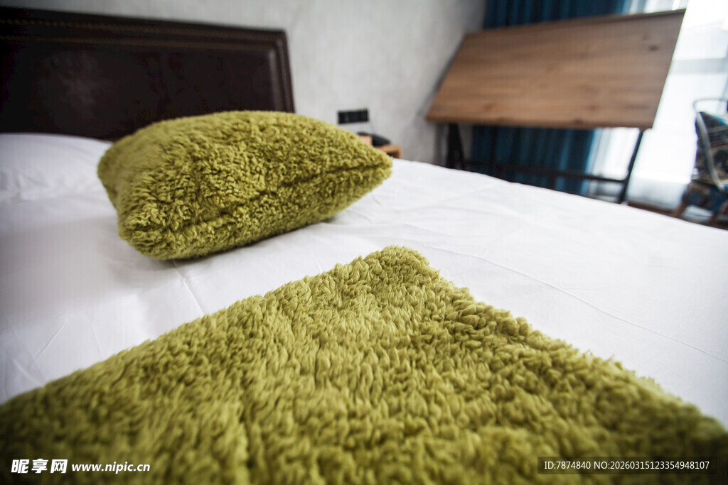 绿色毛绒抱枕与毯子