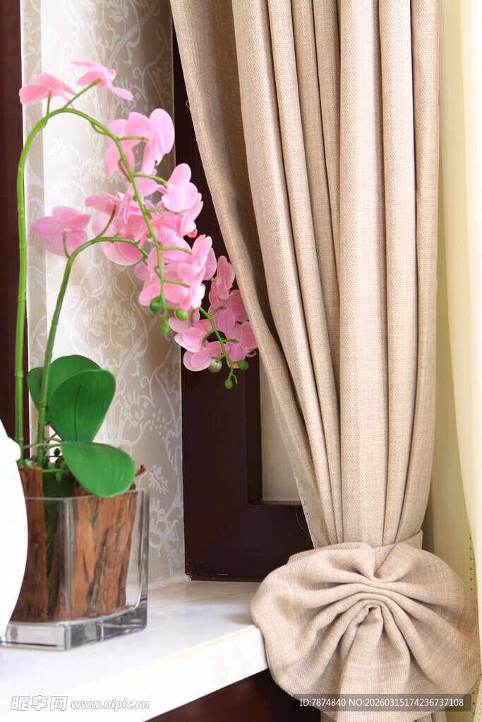 窗边兰花与雅致窗帘