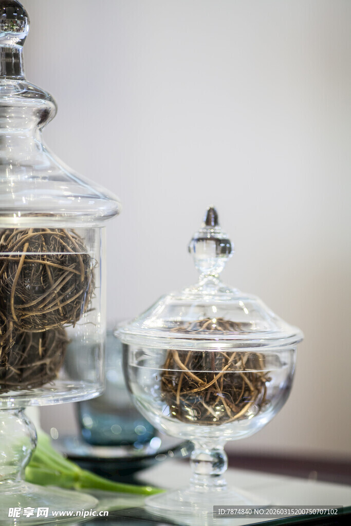 精致玻璃茶叶罐与绿植