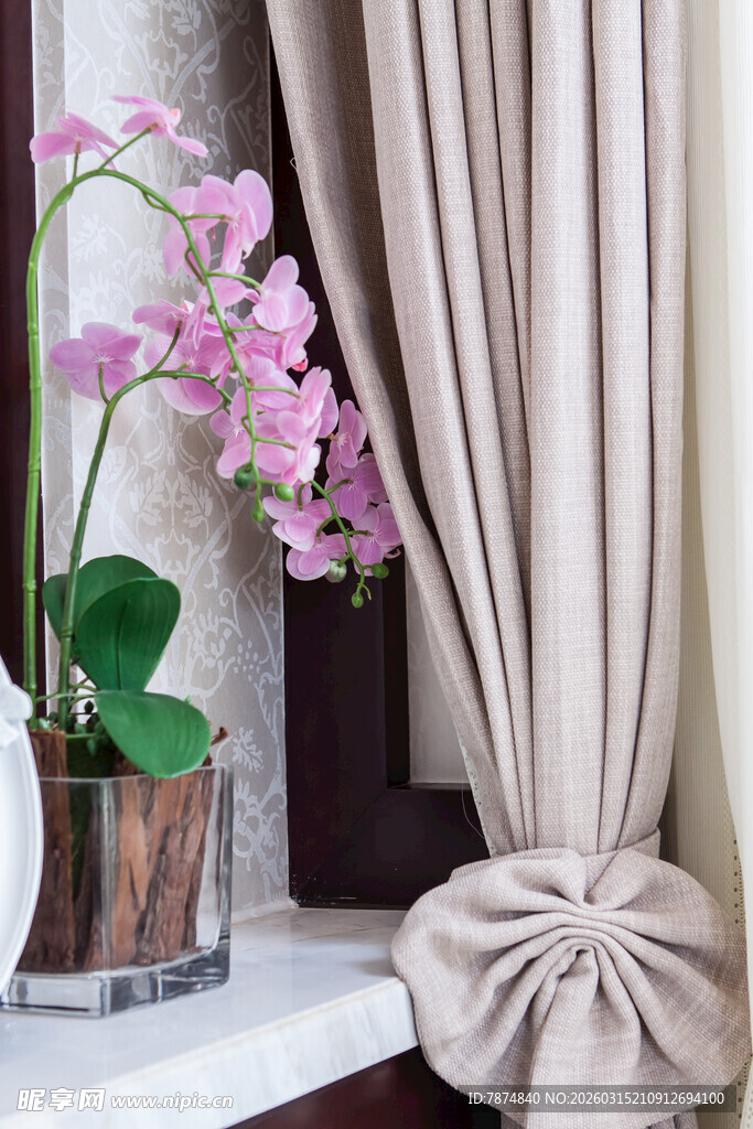 窗边雅致兰花与温馨窗帘