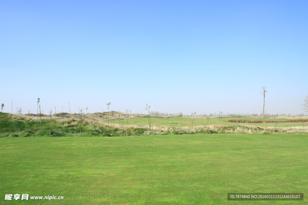 广阔绿草地与远处设施