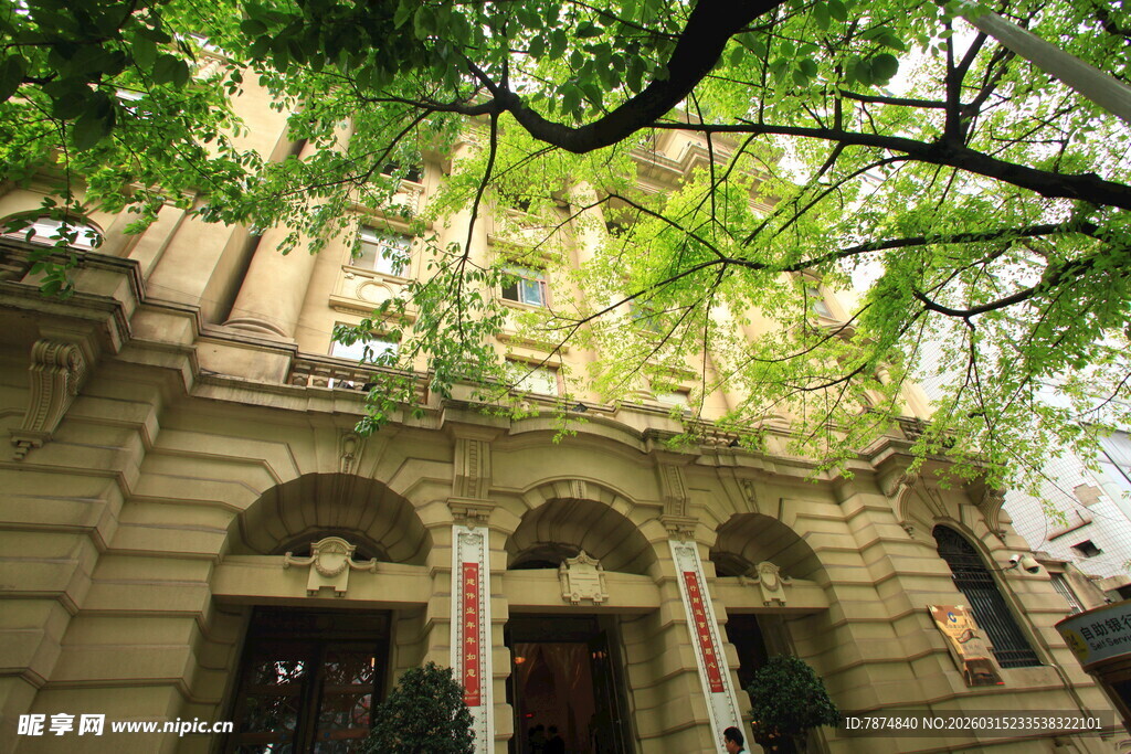 古典建筑前绿叶繁茂景象